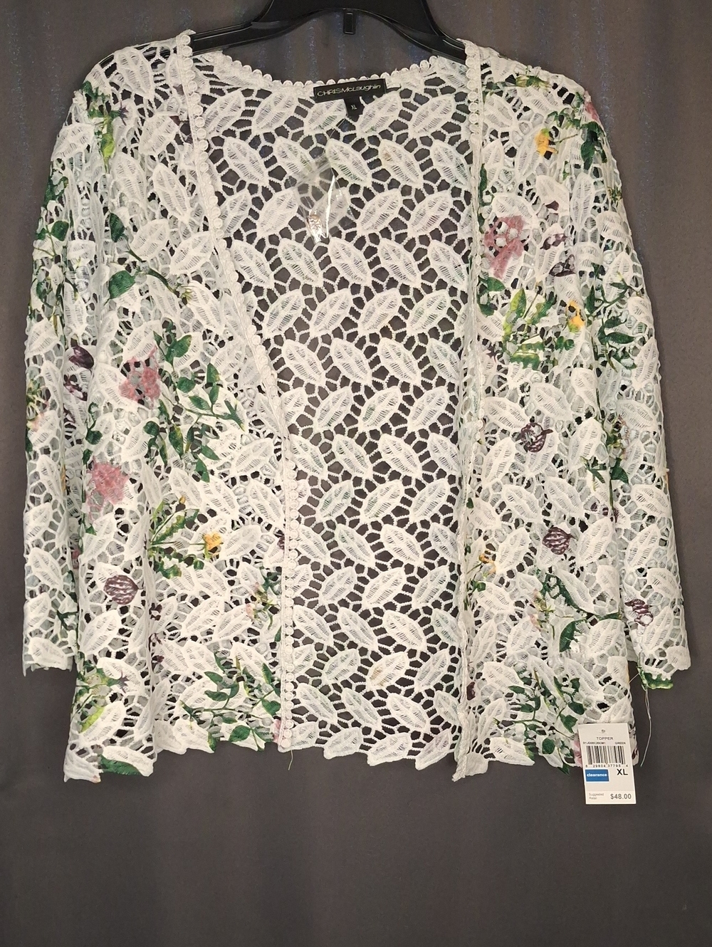 White Crochet Lace Open-Front Shrug with Pink & Green Floral Accents